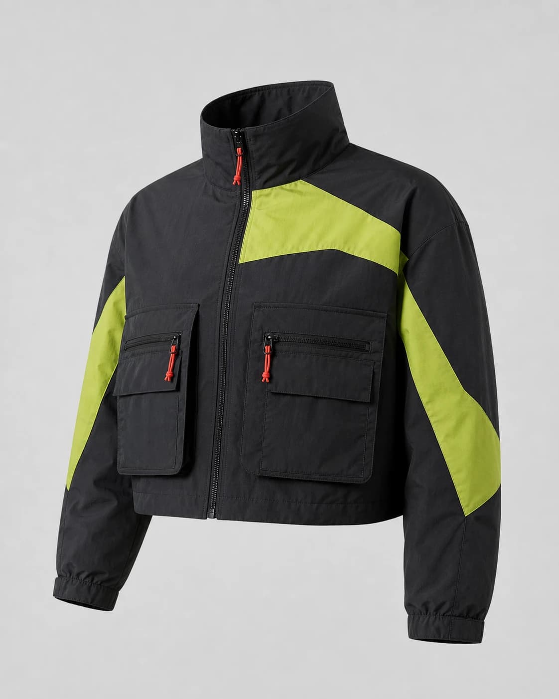 Same charcoal utility jacket shown as the generated design