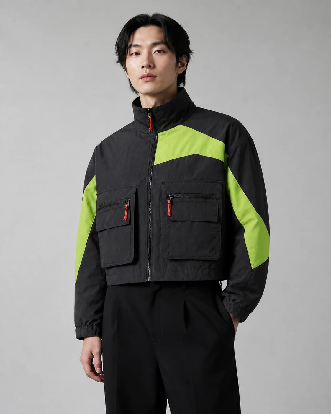 Same charcoal utility jacket shown in a virtual try-on